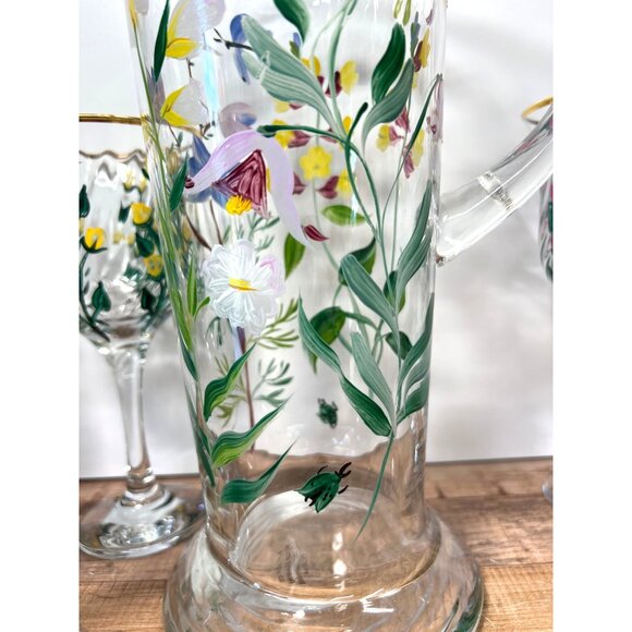 I Godinger & Co. Glass Pitcher & Goblet Set Gold Rims Hand-Painted - Picture 3 of 13